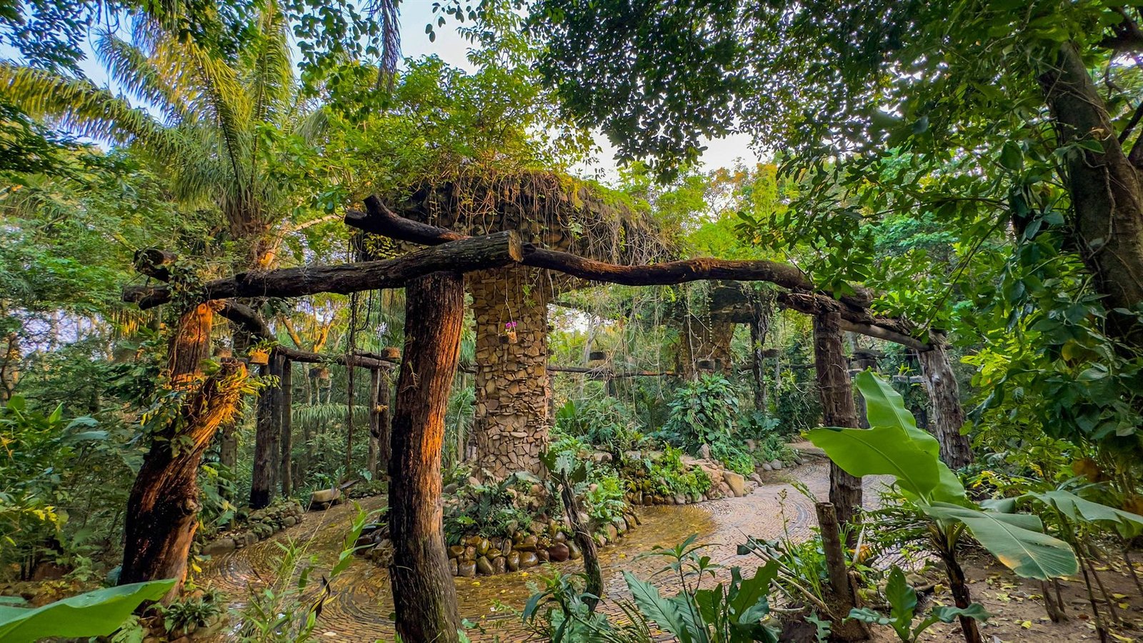 Sendero de piedra bajo una pérgola de madera en el orquideario de Güembé